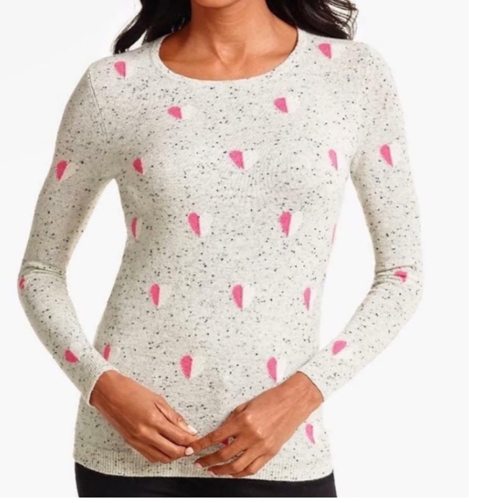 Talbots Medium Gray 100% Cashmere Pink Heart Print Crewneck Sweater Speckled